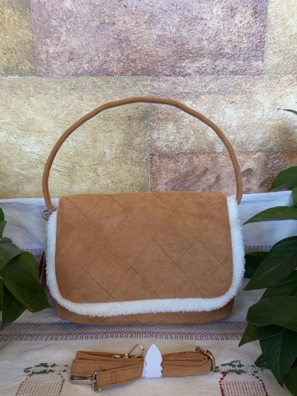 NEW Expressions NYC Vegan Faux Fur & Faux Suede Tan Quilted Crossbody Handbag